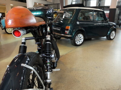 Metorbike and a Classic Mini british-racing-green